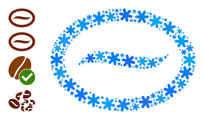 Mosaic coffee bean icon is combined for winter, New Year, Christmas. Coffee bean icon mosaic is composed with light blue snow icons. Some bonus icons are added.