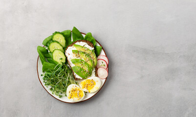 Plate of various healthy food toasts with avocado, egg, radish, cucumber, microgreens, spinach leaves