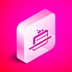 Isometric Cake icon isolated on pink background. Happy Birthday. Silver square button. Vector