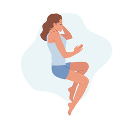 Girl Sleep on Side with Bent Legs. Female Character Sleeping Embryo Pose, Woman Wear Pajama Sleep or Nap Lying in Bed