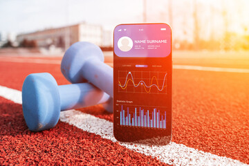 Fitness app. Smart phone screen with fitness health or sport gym mobile application on dumbbell background. App for training indoors.