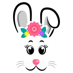 cartoon bunny masks with pink ears and flowers on white isolated background