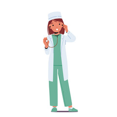 Kid Playing in Doctor, Girl Character in Laboratory Gown With Stethoscope, Medical Practitioner or Caregiver Profession