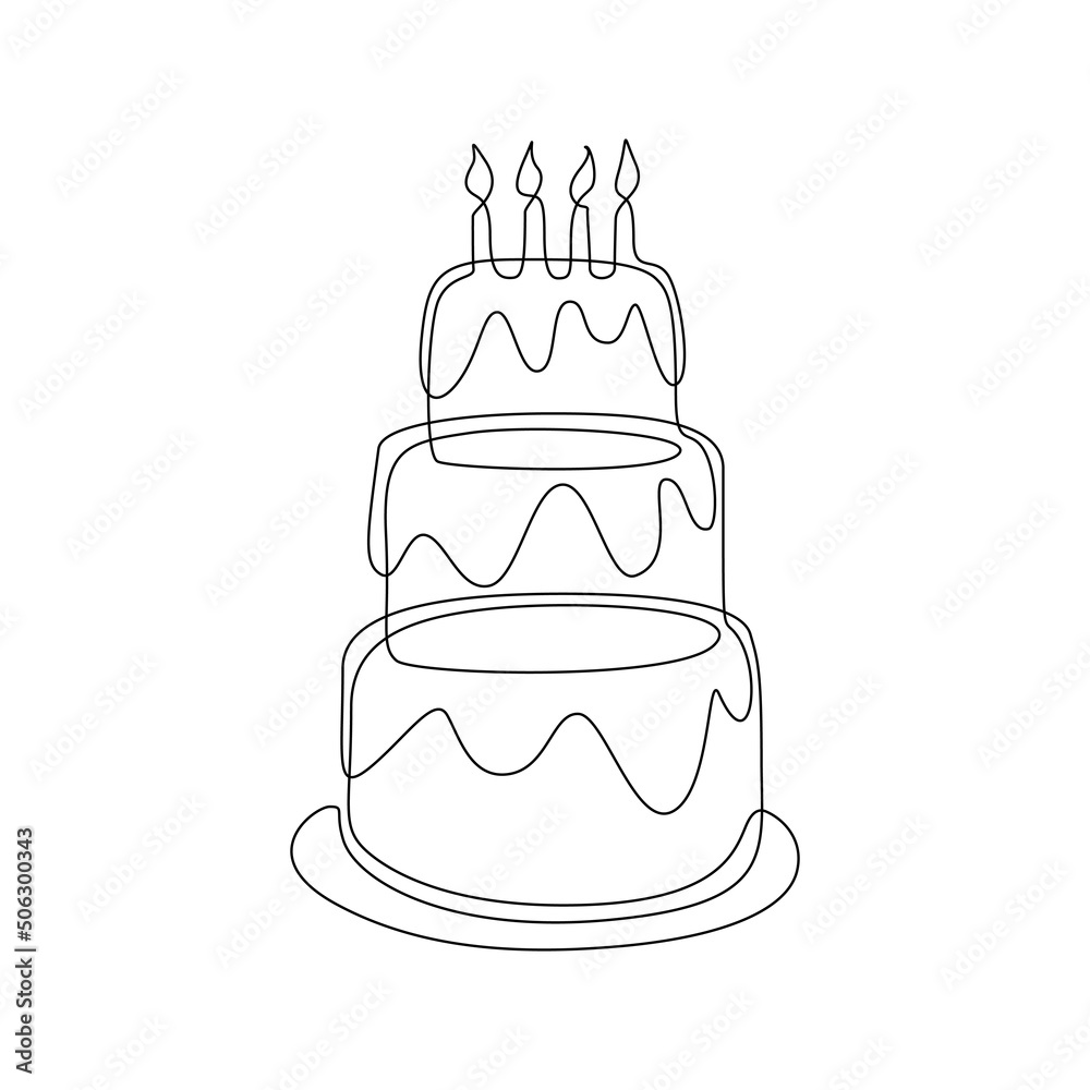 Poster Continuous one line drawing of birthday cake with candles. Icon and symbol of sweet celebration torte and pie with sugar cream in simple linear style. Editable stroke. Doodle vector illustration