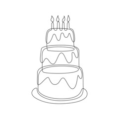 Continuous one line drawing of birthday cake with candles. Icon and symbol of sweet celebration torte and pie with sugar cream in simple linear style. Editable stroke. Doodle vector illustration
