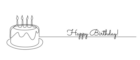 Continuous one line drawing of birthday cake with candles. Symbol of sweet celebration torte and pastry confectionery icon concept in simple linear style. Doodle vector illustration