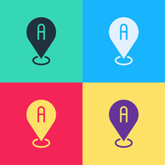 Pop art Map pin icon isolated on color background. Navigation, pointer, location, map, gps, direction, place, compass, search concept. Vector