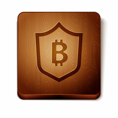 Brown Shield with bitcoin icon isolated on white background. Cryptocurrency mining, blockchain technology, security, protect, digital money. Wooden square button. Vector