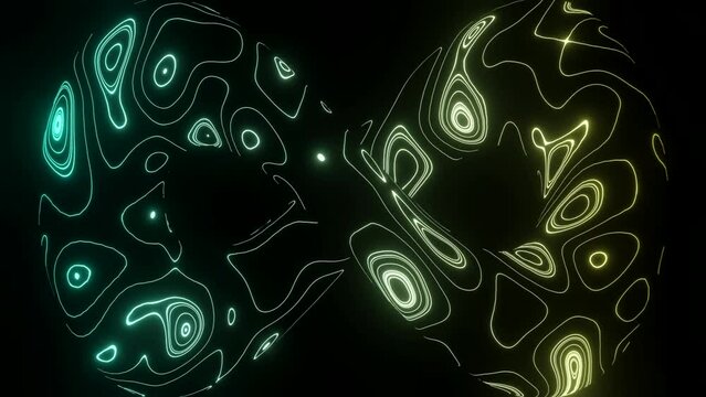 Abstract Infinity symbol with neon oval shaped stains, seamless loop. Action. Endlessly moving surface of 3D symbol of infinity.
