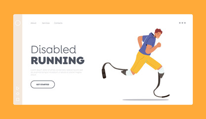 Disabled Running Landing Page Template. Active Amputee Man Run Marathon. Single Male Character Athlete with Prosthesis