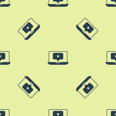 Blue Laptop with star icon isolated seamless pattern on yellow background. Favorite, best rating, award symbol. Vector