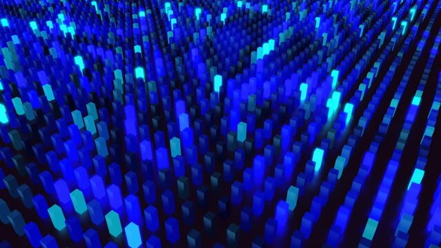 Waves runs across pixels. 3d abstract looped background modern performance, lot of gray blocks form wall or screen and light up pattern. Bulbs start to glow blue forming pattern like abstract garland
