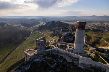 Fototapeta premium Aerial view of castle ruins in Olsztyn in Poland