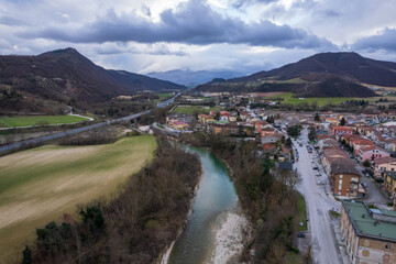 Aerial view of town in Marche region in Italy