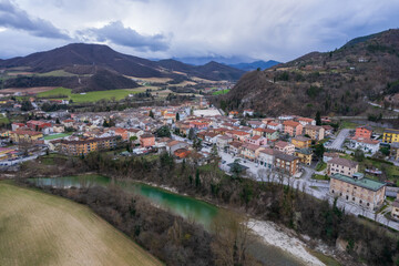 Fototapeta na wymiar Aerial view of town in Marche region in Italy