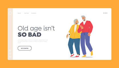 Obraz na płótnie Canvas Old Man and Woman Loving Relation Landing Page Template. Senior Married Couple Holding Hands Walk Togethe