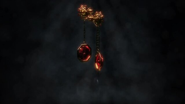 beautiful gold eardrops with red ruby gem gemstones rotate, fictitious - loop video