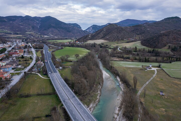 Fototapeta na wymiar Aerial view of town in Marche region in Italy