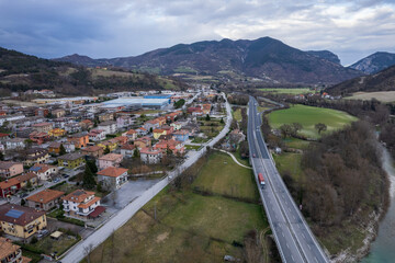 Aerial view of town in Marche region in Italy