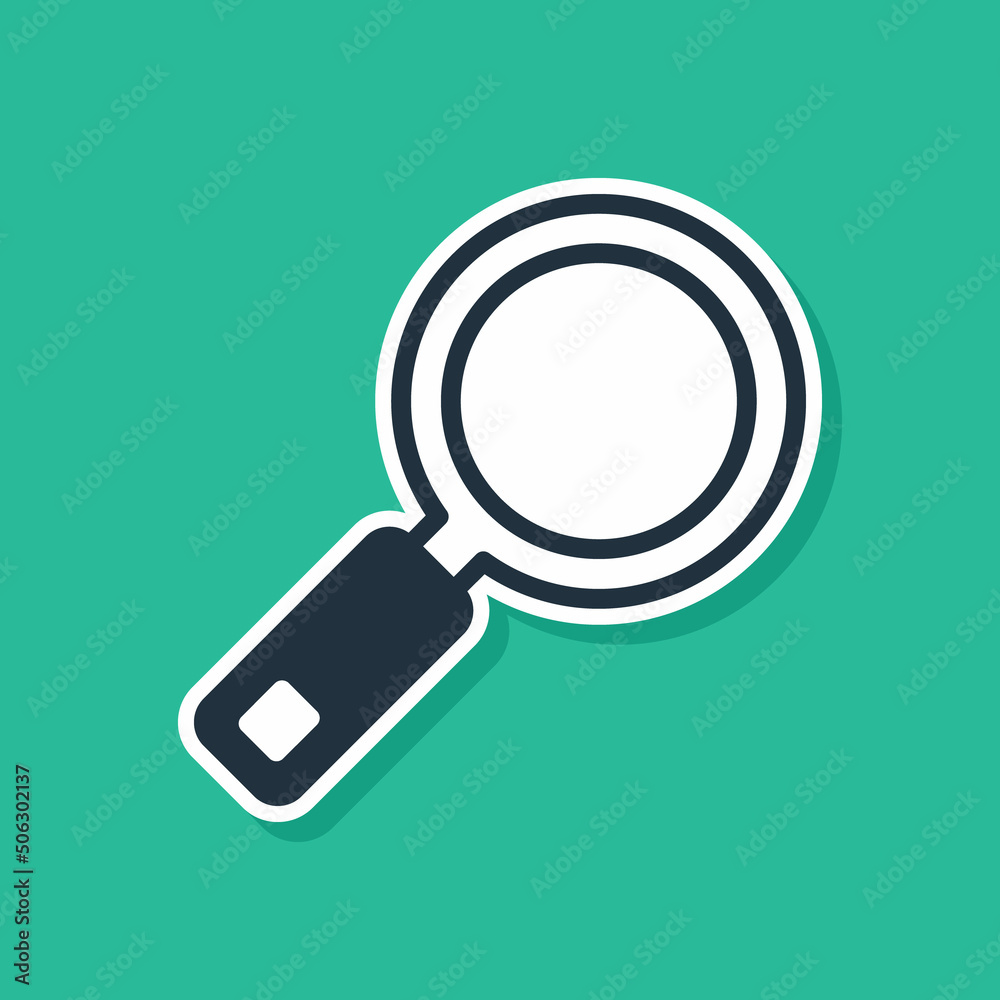 Poster Blue Magnifying glass icon isolated on green background. Search, focus, zoom, business symbol. Vector