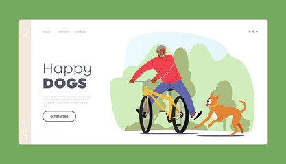 Happy Dogs Landing Page Template. Elderly Male Character Riding Bicycle With Dog at City Park. Outdoor Activity with Pet