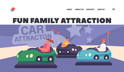 Fun Family Attraction Attraction Landing Page Template. Boys and Girls Characters Riding r Bumper Car in Amusement Park