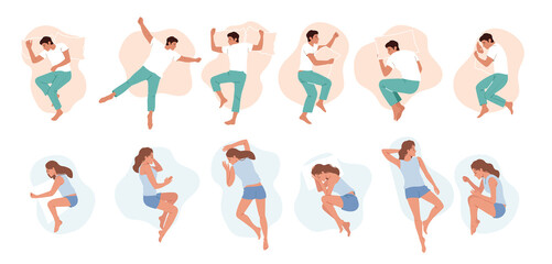 Set of Men and Women Sleeping Poses, People Lying in Bed Top View. Nighttime Relaxation, Characters Wear Pajama