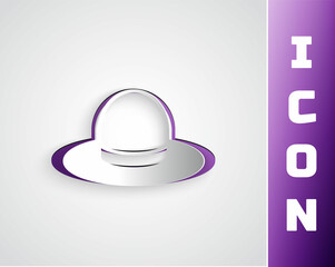 Paper cut Man hat with ribbon icon isolated on grey background. Paper art style. Vector