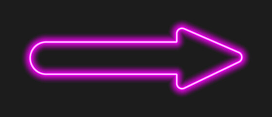 Glowing purple neon next arrow on dark background. Lightning direction sign on casino, cinema, motel. Vector realistic illustration.