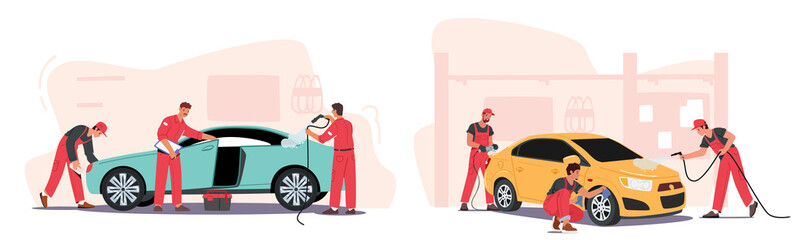 Car Wash Service Concept. Cleaning Company Employees Male Characters Working Process. Workers Wear Red Uniform © Anna Syvak