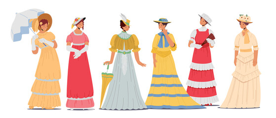 Set of Beautiful 19th Century Ladies in Elegant Gowns, Hats and Accessories. Isolated Victorian English or French Women