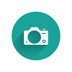 White Photo camera icon isolated with long shadow background. Foto camera. Digital photography. Green circle button. Vector