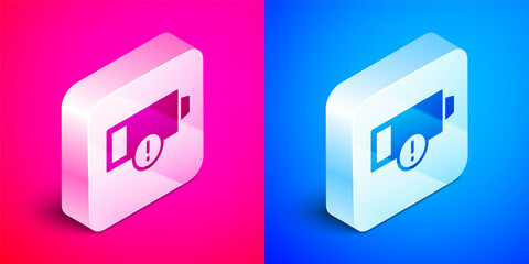 Isometric Battery charge level indicator icon isolated on pink and blue background. Silver square button. Vector