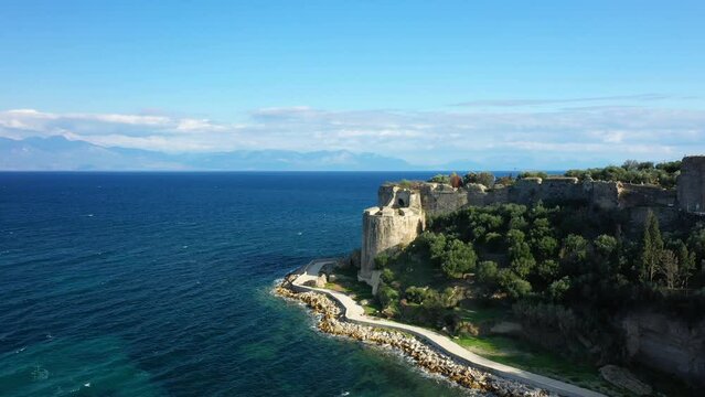 The tower of Koroni castle by the Mediterranean sea in Europe, Greece, Peloponnese, Mani in summer on a sunny day.