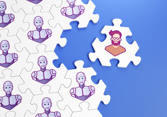 HR Management of Automated Process. Pieces of a jigsaw puzzle with pictured robots and one of pieces with a human is out of the collection. 3D-rendering graphics on the theme of Business Management.