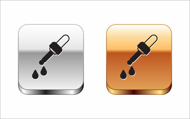 Black Pipette icon isolated on white background. Element of medical, chemistry lab equipment. Medicine symbol. Silver and gold square buttons. Vector