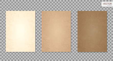 Grunge paper set vector background. Realistic textured old paper collection. Beige and brown pages isolated on transparent background EPS10