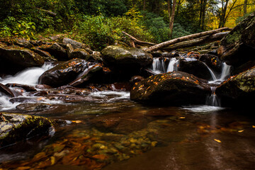 Naklejka na ściany i meble Stream of silky water in the deep colored fall foliage in the Smoky Mountain National Park (the Smokies), Tennessee, USA.
