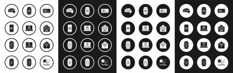 Set Mobile phone with smart home with wi-fi, Laptop, House under protection, Smart house and alarm, watch, and light bulb icon. Vector