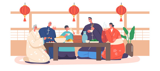 Happy Traditional Asian Family Having Dinner at Home. Smiling Young and Old Male and Female Parents, Grandparents, Kid