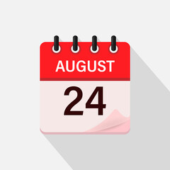 August 24, Calendar icon with shadow. Day, month. Flat vector illustration.