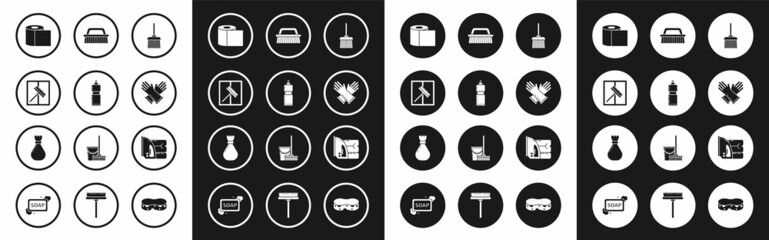 Set Handle broom, Plastic bottles for liquid dishwashing liquid, Squeegee, scraper, wiper, Toilet paper roll, Rubber gloves, Brush cleaning, Electric iron towel and Garbage bag icon. Vector