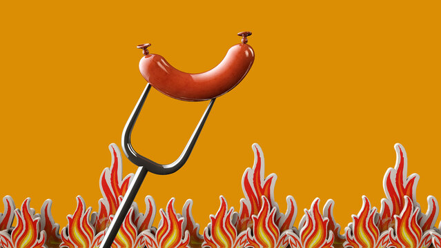 3D Illustration of Hot Dog on BBQ Fork with Flames in the background for Summertime Grilling Season Isolated on Yellow Background With Clipping Path
