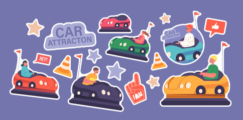 Set of Stickers Bumper Car Attraction in Amusement Park. Children at Fun Fair Entertainment Riding Colorful Dodgem Carts