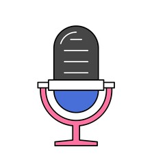 Audio streaming service equipment icon. Desktop microphone for recording voice or podcast in online radio studio. Device for live broadcasts. Cartoon flat vector illustration isolated white background