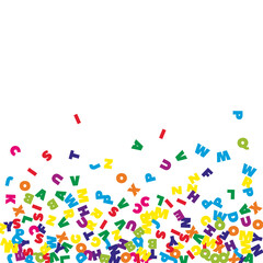 Falling letters of English language. Colorful flying words of Latin alphabet. Foreign languages study concept. Stylish back to school banner on white background.