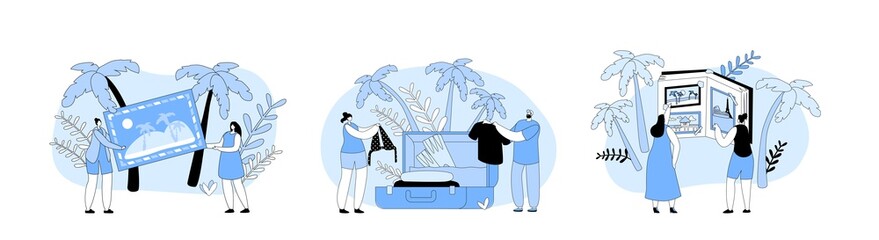 Set Vacation and Holidays Concept. Tiny Characters Looking Traveling Pictures in Huge Photo Album, People in Journey