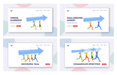 Fototapeta na wymiar Team Work Landing Page Template Set. Successful Colleagues Move to Business Goal or Success, Support and Partnership