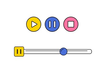 Audio streaming service equipment icon. Track with podcast playing and start, stop and rewind buttons. User interface for radio studio app. Cartoon flat vector illustration isolated white background.