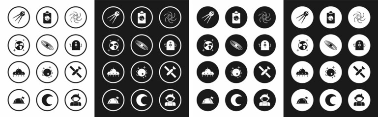 Set Black hole, Planet, Earth globe, Satellite, Alien, and UFO flying spaceship icon. Vector